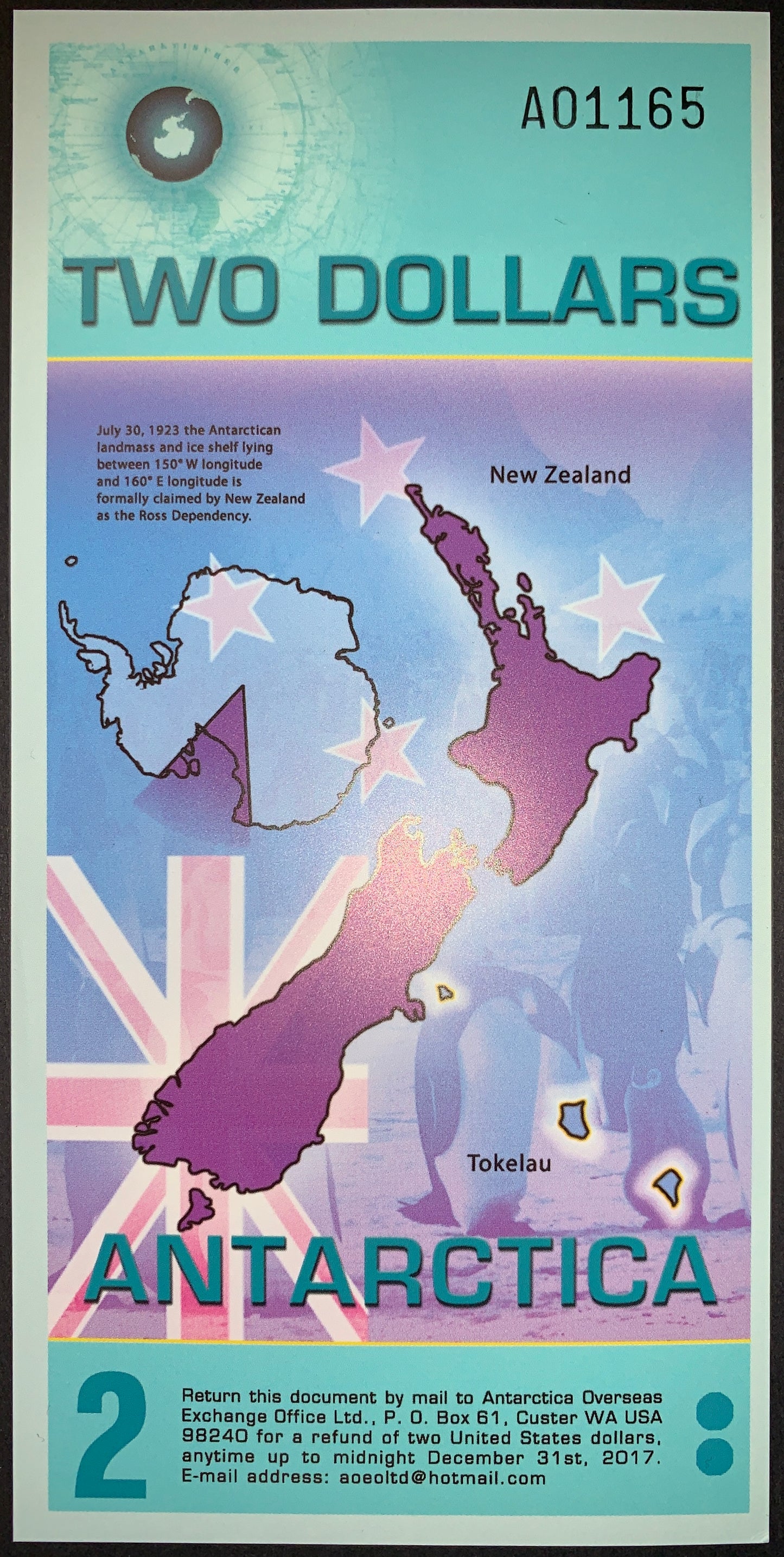 back of Antarctica 2 Dollars 2014 UNC Fantasy Banknote with map, penguins, and flag