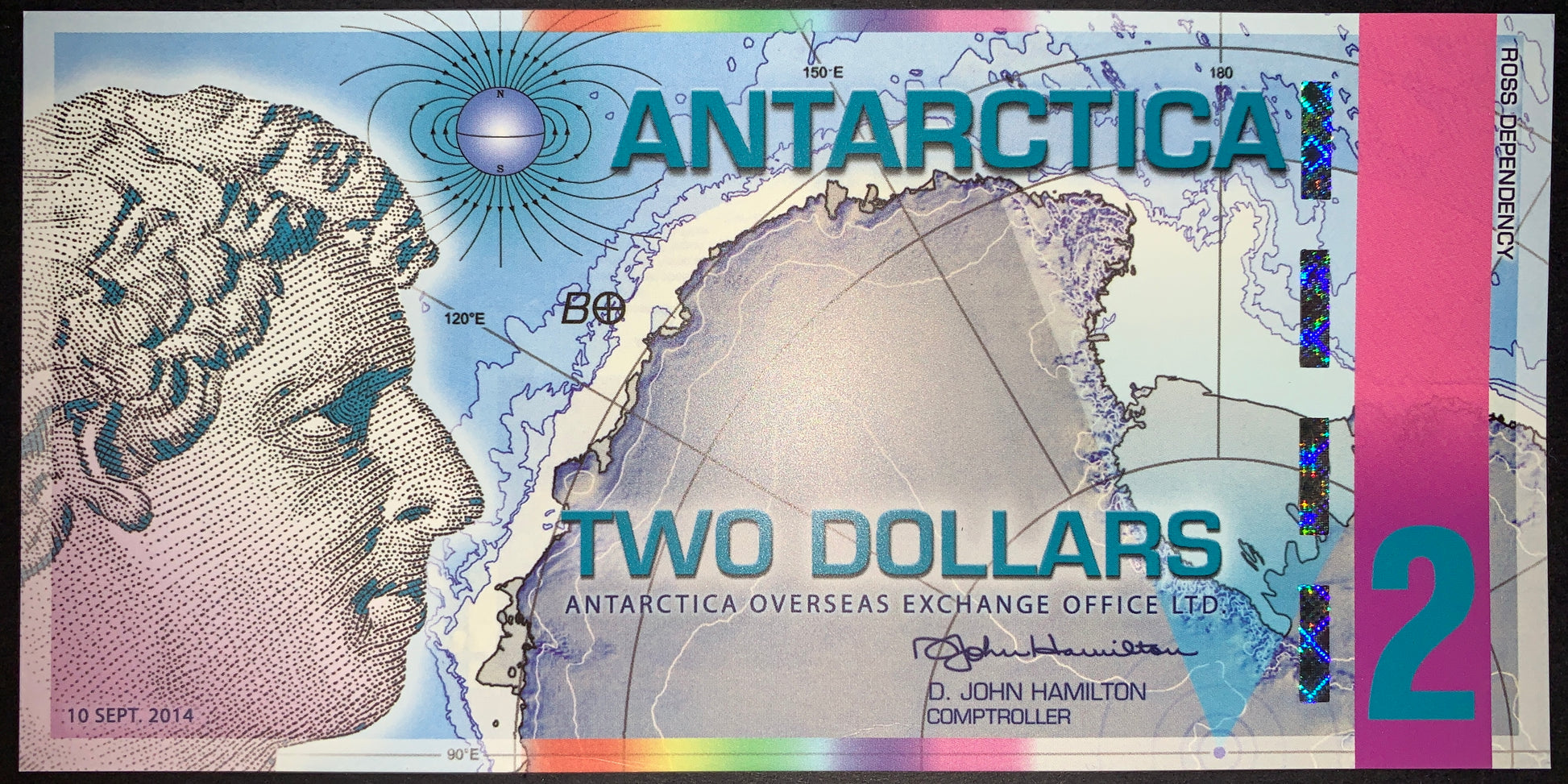 front of Antarctica 2 Dollars 2014 UNC Fantasy Banknote with map, magnetic fields, and side profile