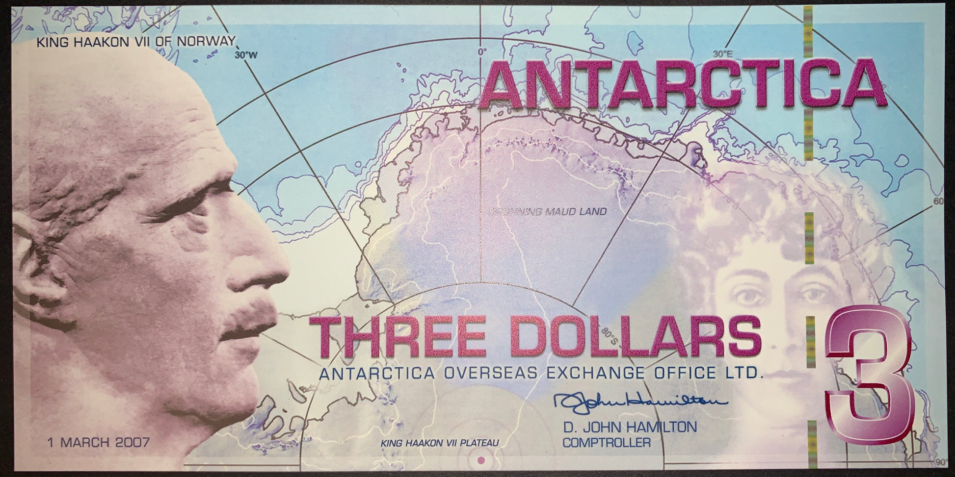 front of Antarctica 3 Dollars 2007 UNC Fantasy Banknote collectible souvenir currency with side profile, map, and portrait