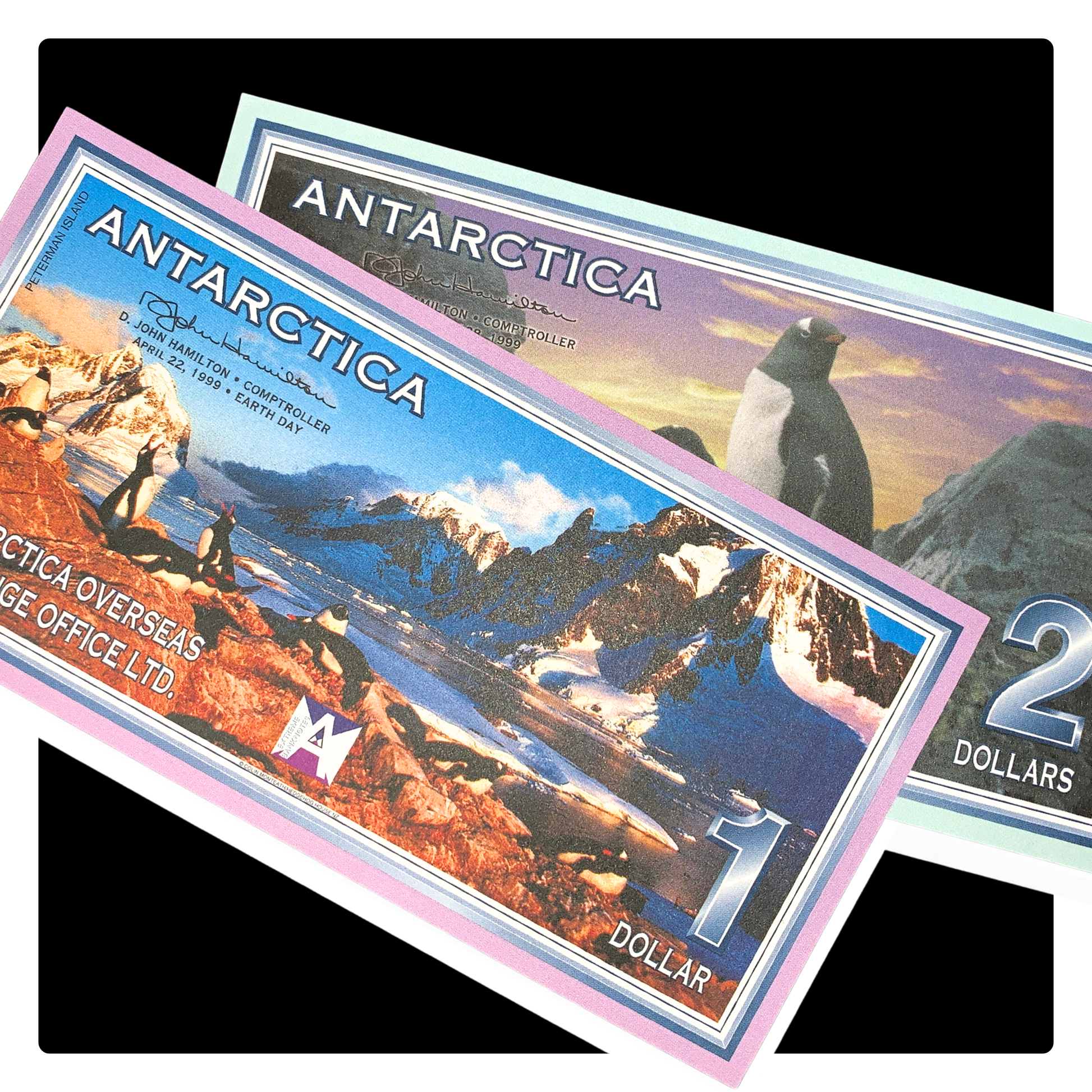 pair of antarctica fantasy dollar banknotes on black background