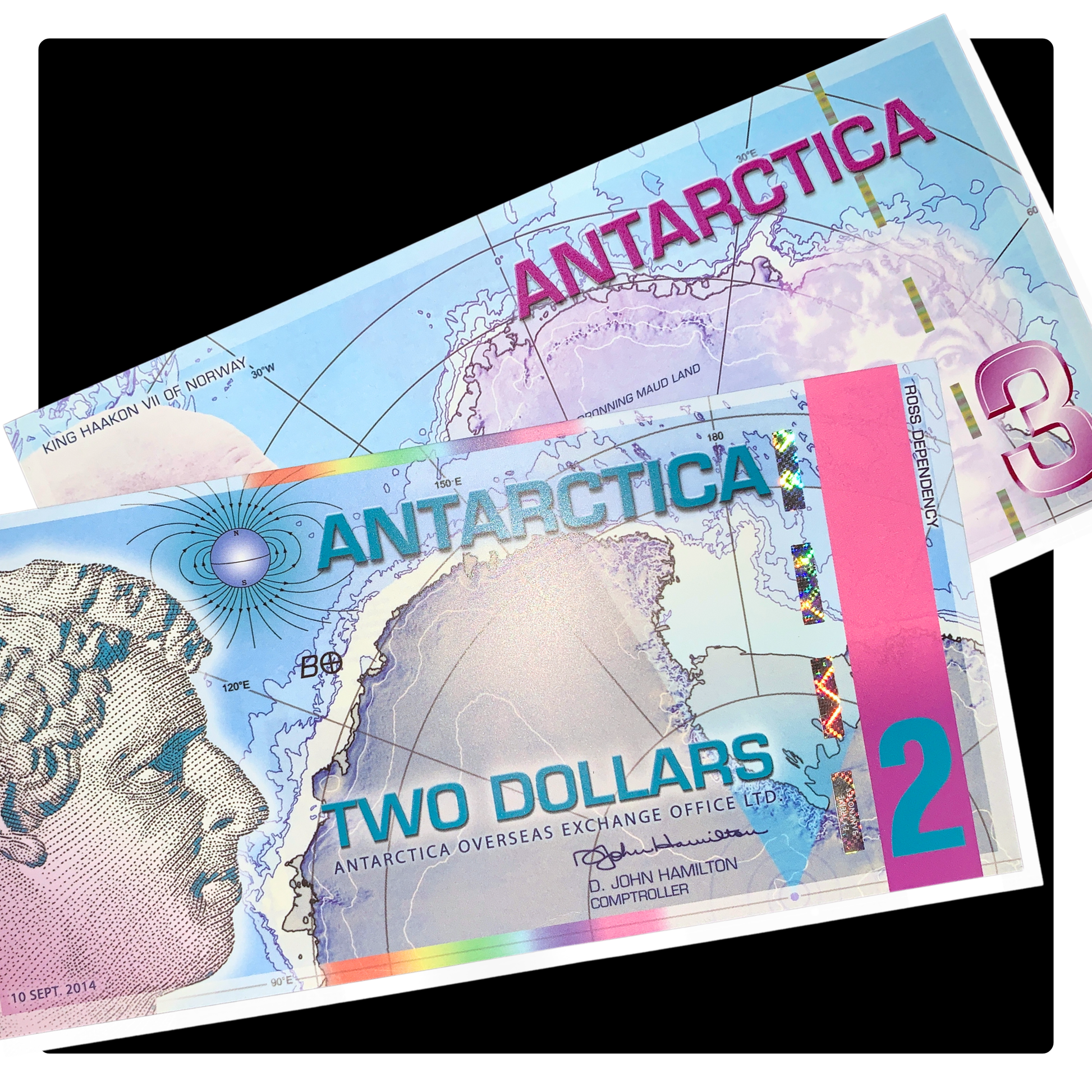 Antarctica UNC Dollar Fantasy Banknote Pair on vlack background