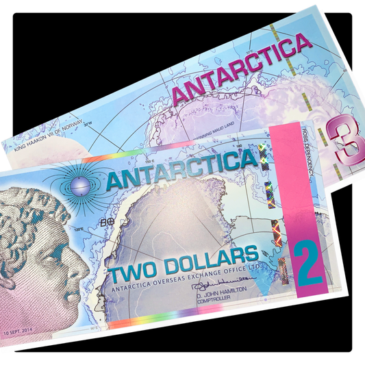 Antarctica UNC Dollar Fantasy Banknote Pair on vlack background