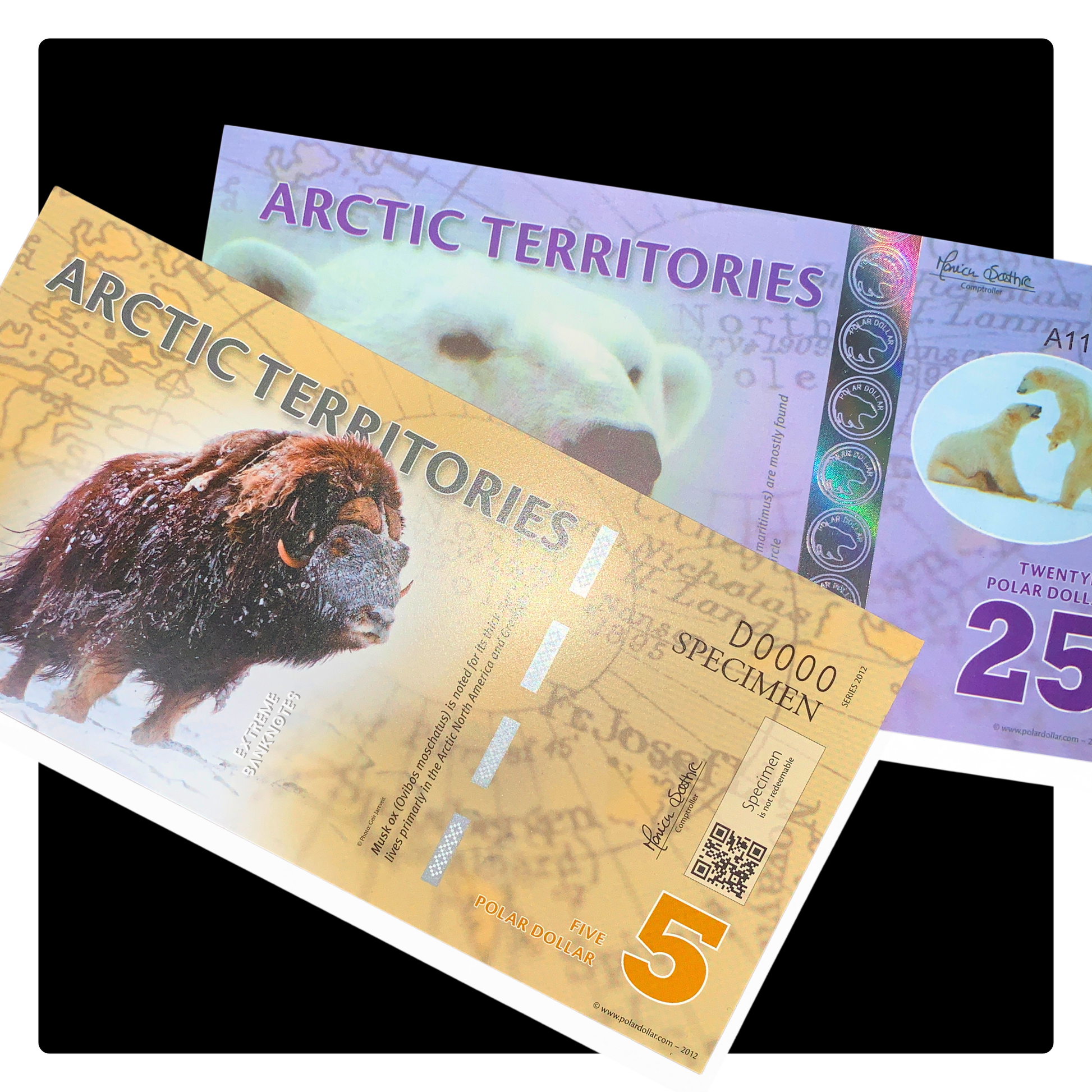 Arctic Territories UNC Polymer Banknote Set consisting of 5 Polar Dollars SPECIMEN and 25 Polar Dollars