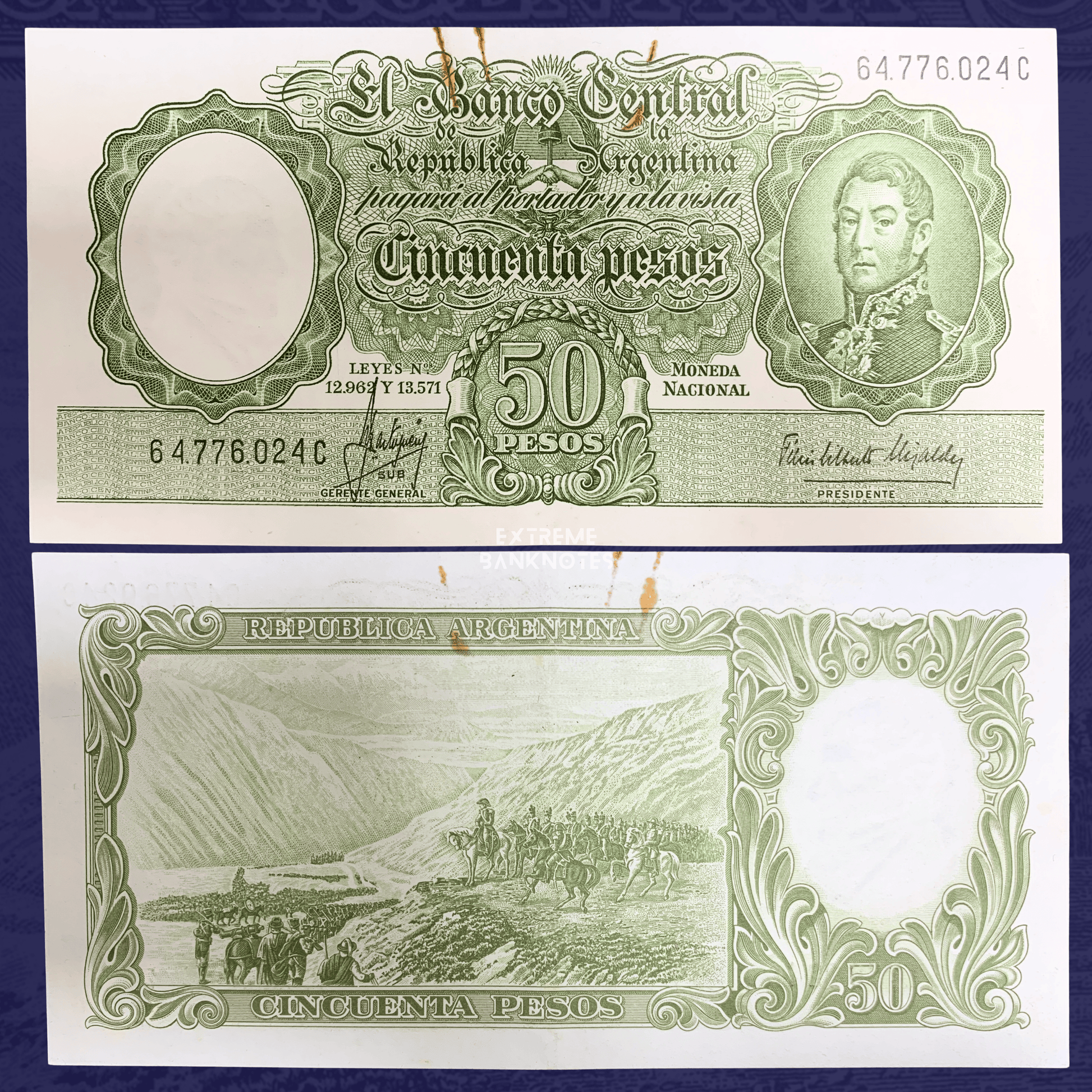 Front and back of Argentina 50 Pesos Moneda Nacional banknote P-271a, issued by the Central Bank of the Argentine Republic. Obverse shows José de San Martín portrait and ornate green engraving; reverse depicts Augusto Ballerini's "El Paso de los Andes" scene with soldiers crossing a snowy mountain pass. Historic Argentine collectible paper currency from the Peso Moneda Nacional series.