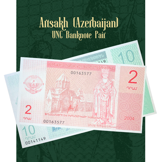 Two banknotes from Artsakh (Azerbaijan) on a green background with text above.
