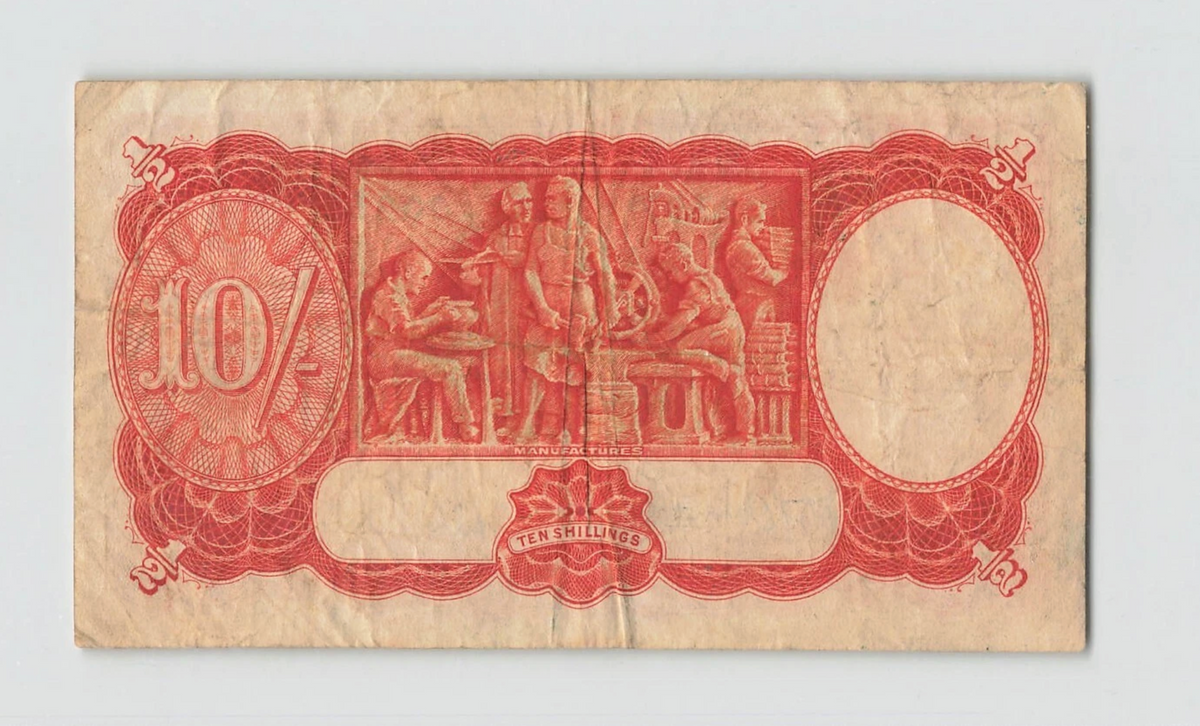 Reverse of Australian 10 Shillings P-25b showing Manufactures allegorical design