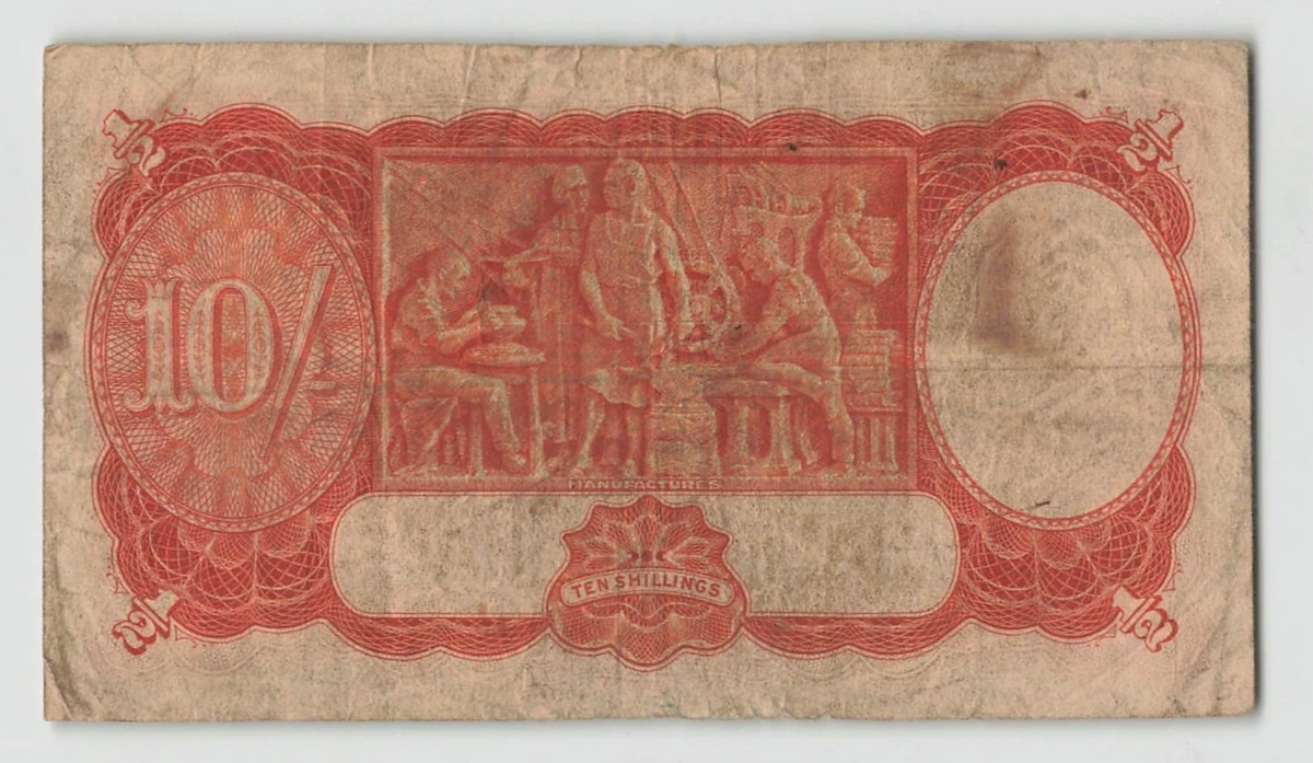 Reverse of Australian 10 Shillings P-25b showing Manufactures allegorical design