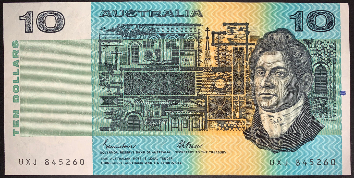 Australia 10 Dollar Banknote featuring Francis Greenway, historic architecture and intricate engraving details, vintage Australian paper money