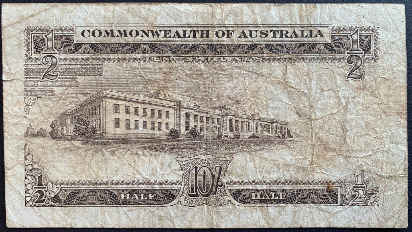 back of Australia 10 Shillings "Commonwealth" ND (1954-1960) P-29a F collectible vintage banknote with building of Parliament House in Cenberra