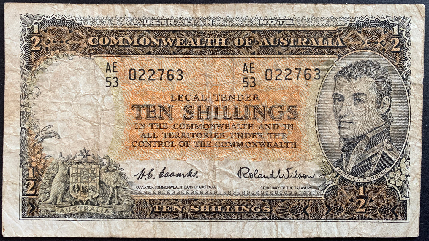 front of Australia 10 Shillings "Commonwealth" ND (1954-1960) P-29a F collectible vintage banknote with portrait of Matthew Flinders, orchids and coat of arms