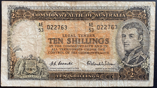 front of Australia 10 Shillings "Commonwealth" ND (1954-1960) P-29a F collectible vintage banknote with portrait of Matthew Flinders, orchids and coat of arms