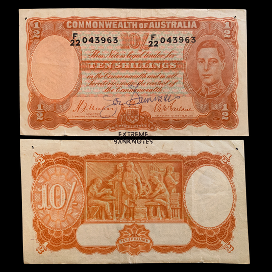 Two sides of an old Australian ten shillings banknote with a portrait and decorative elements.
