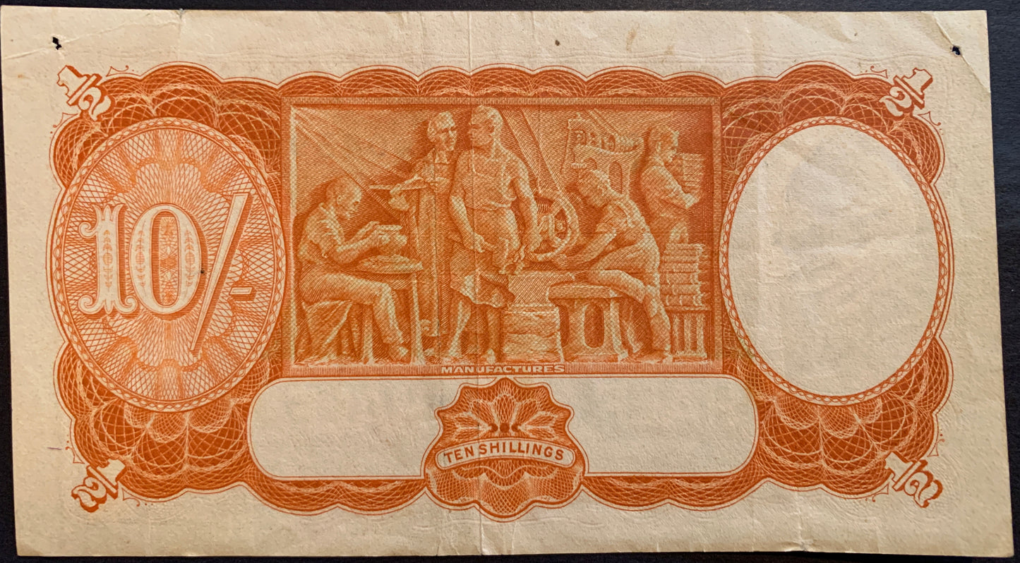 back of Australia 10 Shillings ND (1939-1941) P-25a F collectible banknote with  allegory of Australian “Manufactures”