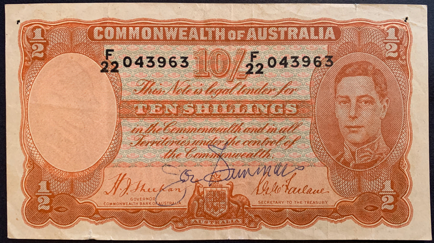 front of Australia 10 Shillings ND (1939-1941) P-25a F collectible banknote with portrait of King George VI