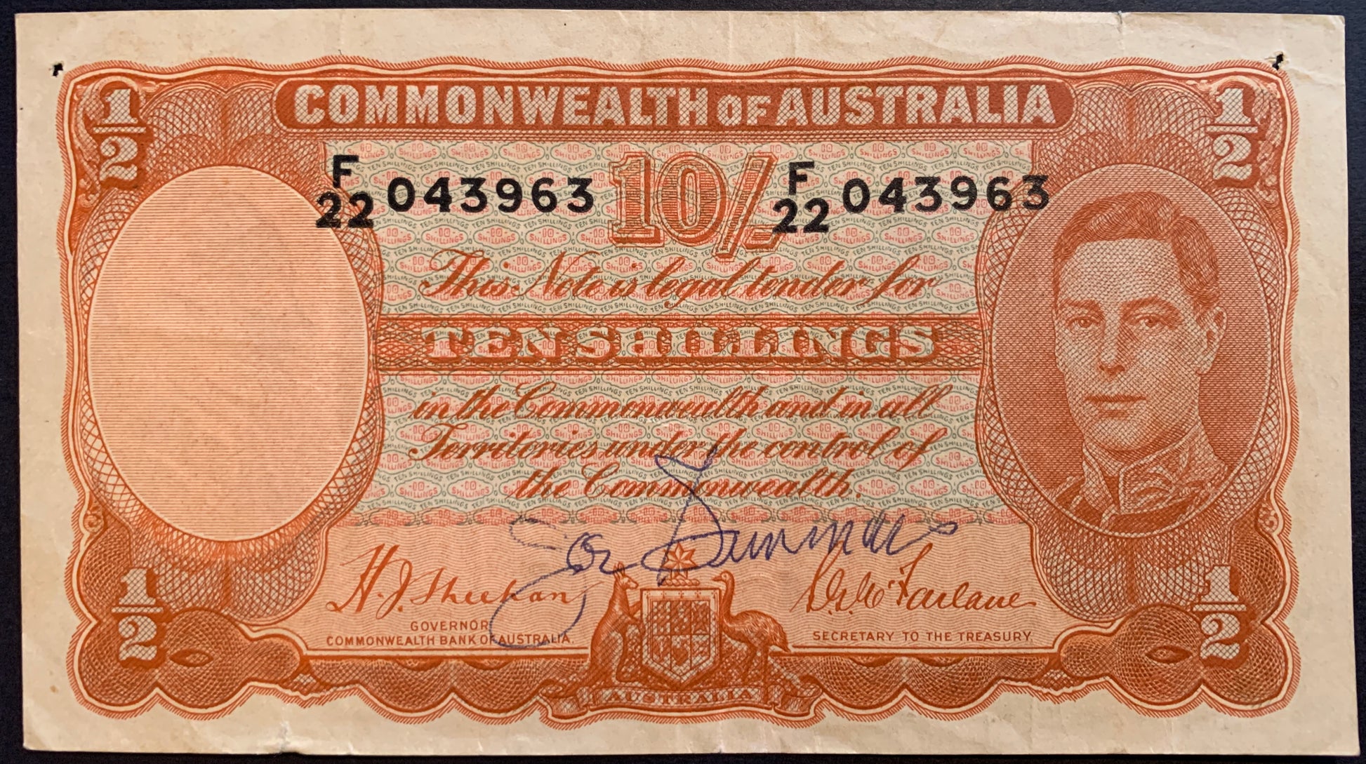front of Australia 10 Shillings ND (1939-1941) P-25a F collectible banknote with portrait of King George VI