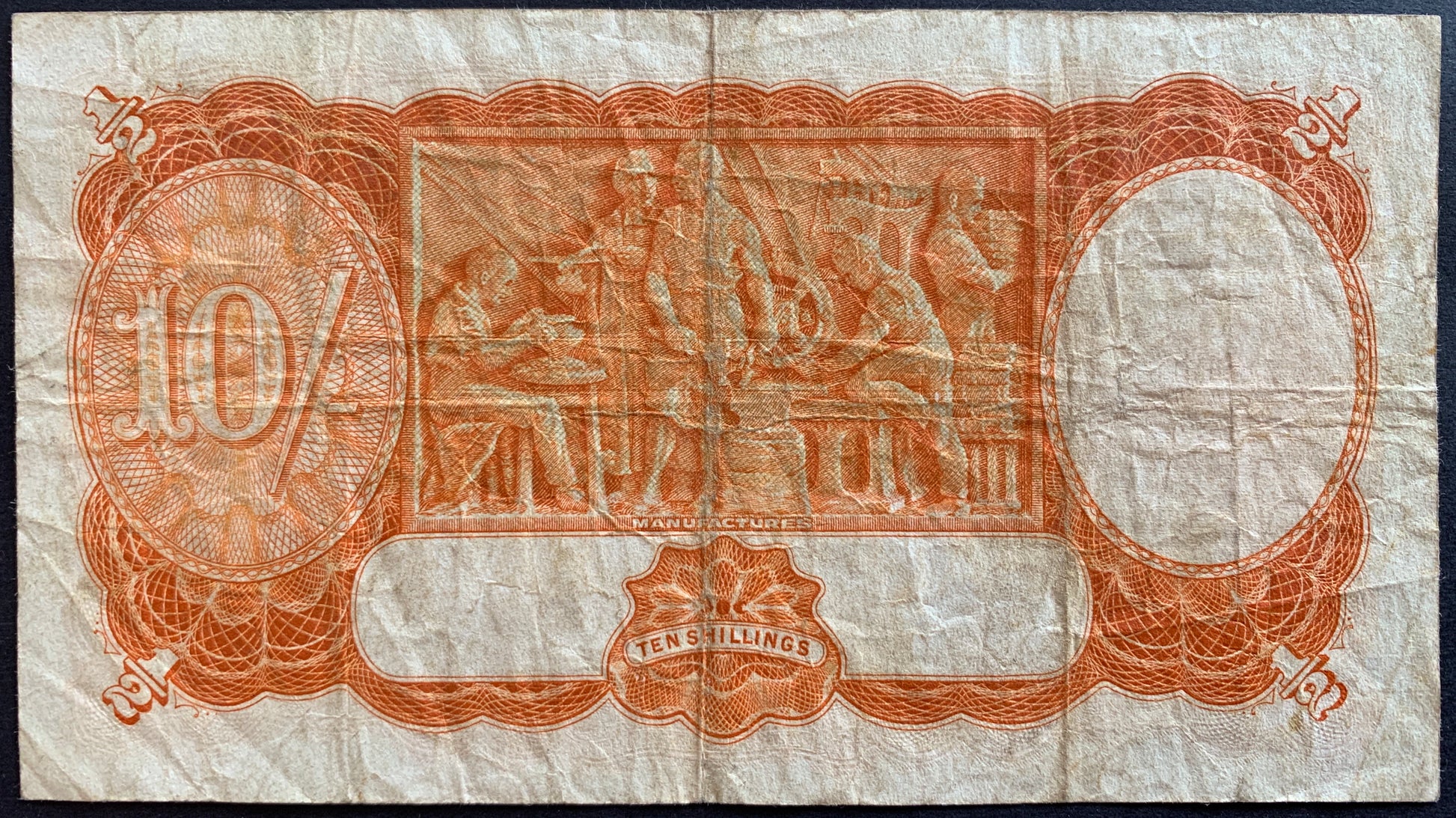 back of Australia 10 Shillings ND (1941-1948) P-25b F collectible vintage banknote with "Manufactures"