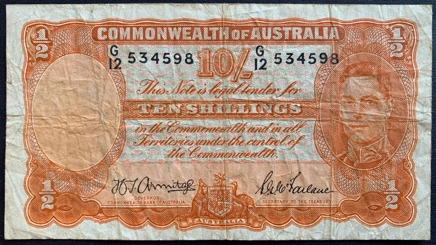 front of Australia 10 Shillings ND (1941-1948) P-25b F collectible vintage banknote with portrait of King George VI