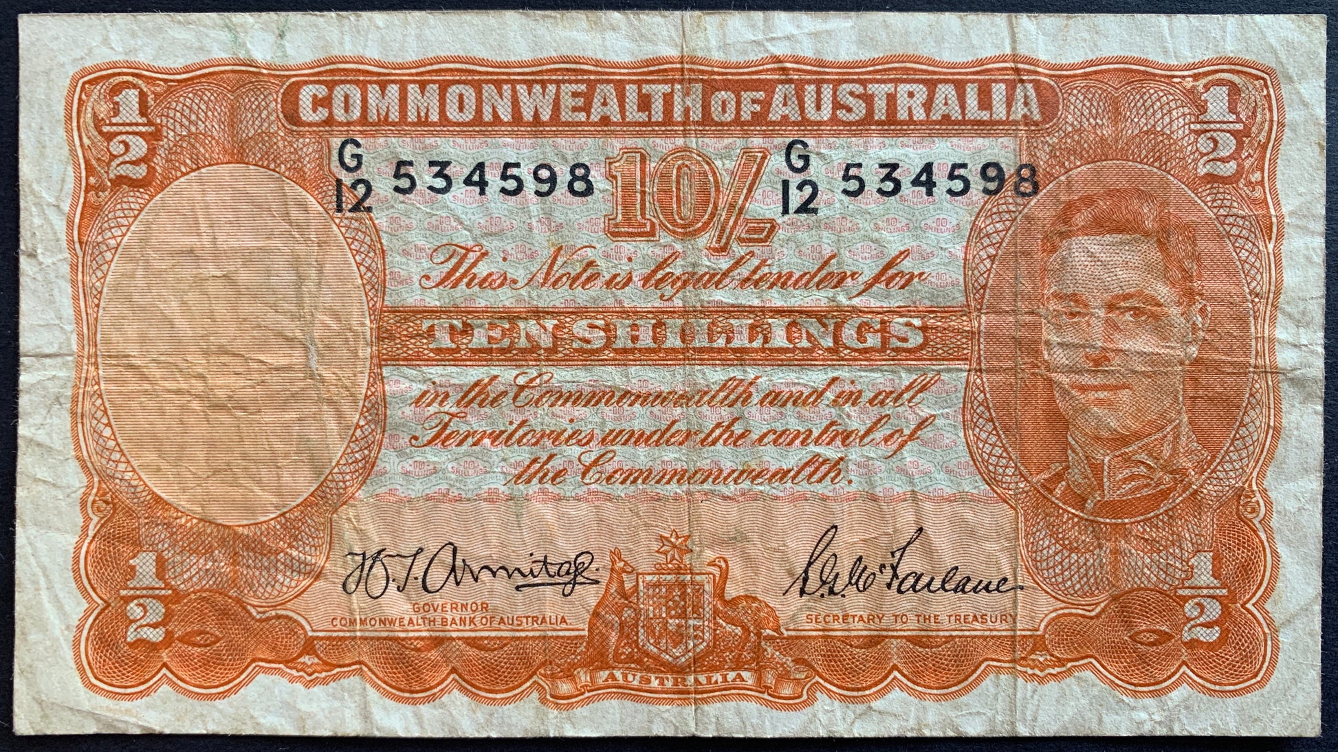 front of Australia 10 Shillings ND (1941-1948) P-25b F collectible vintage banknote with portrait of King George VI