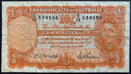 front of Australia 10 Shillings ND (1941-1948) P-25b F collectible vintage banknote with portrait of King George VI