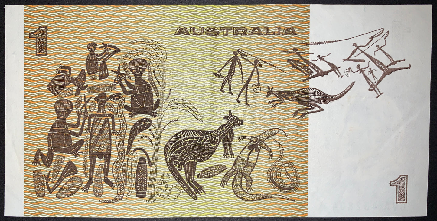 Australia 1 Dollar Banknote reverse with Aboriginal artwork, kangaroo, wildlife motifs and Indigenous cultural design, vintage Australian currency