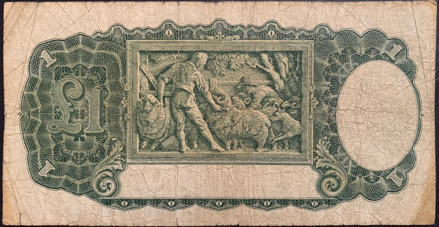 back of Australia 1 Pound ND (1938-1941) P-26a F collectible banknote with shepherd and sheep