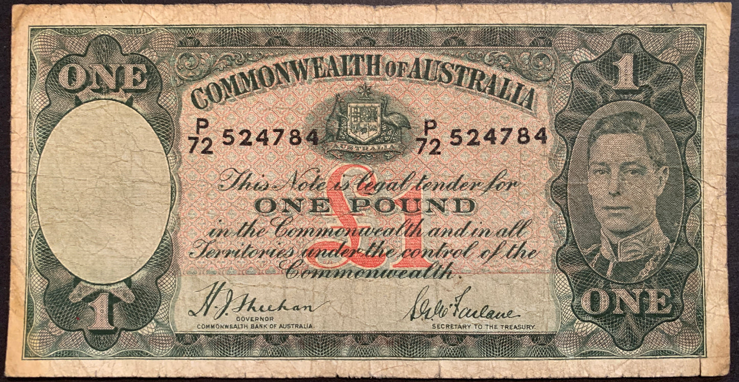 front of Australia 1 Pound ND (1938-1941) P-26a F collectible banknote with portrait of king george vi