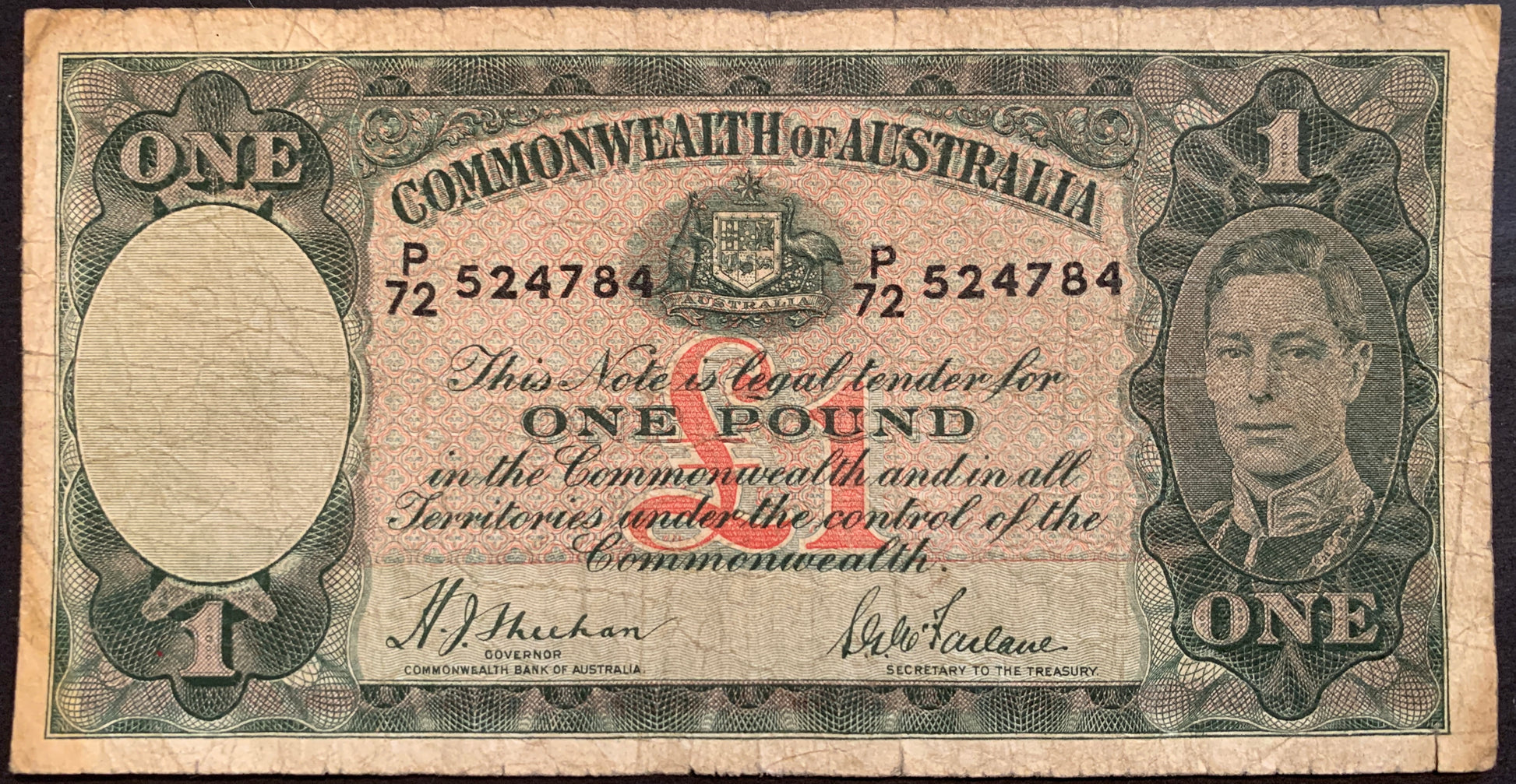front of Australia 1 Pound ND (1938-1941) P-26a F collectible banknote with portrait of king george vi