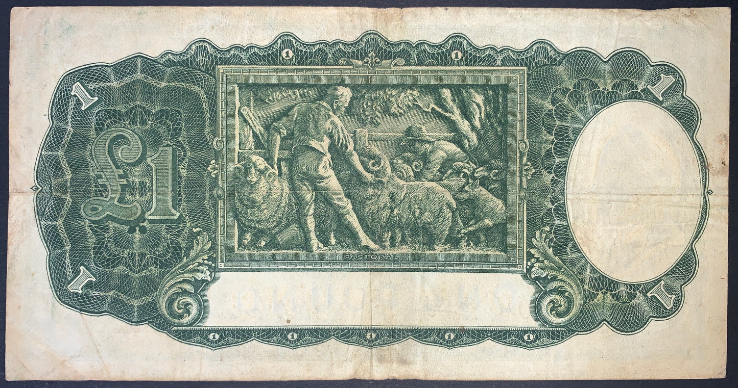 back of Australia 1 Pound ND (1941-1948) P-26b VF collectible vintage oceania banknote with pastoral scene
