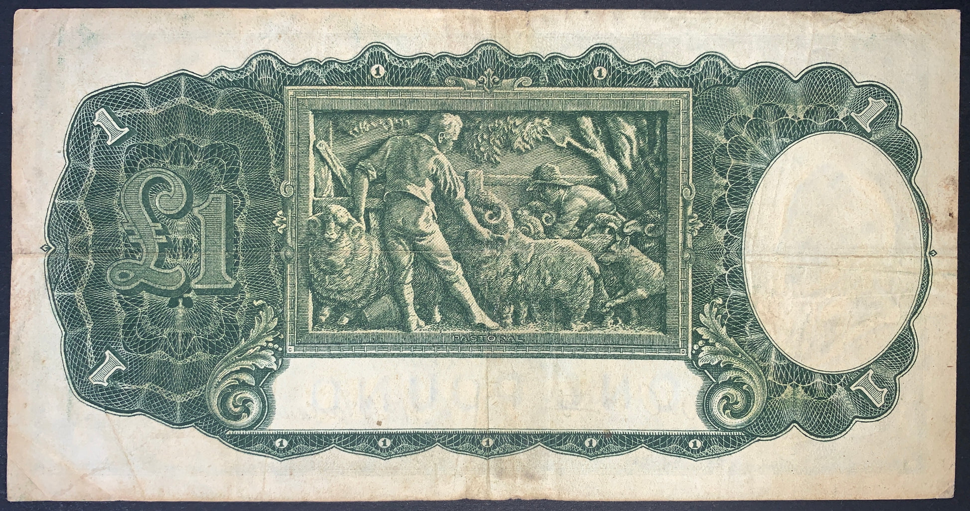 back of Australia 1 Pound ND (1941-1948) P-26b VF collectible vintage oceania banknote with pastoral scene