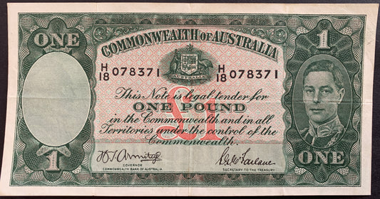front of Australia 1 Pound ND (1941-1948) P-26b VF collectible banknote with portrait of King George VI and coat of arms