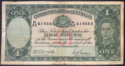 front of Australia 1 Pound ND (1941-1948) P-26b VF collectible vintage oceania banknote with portrait of King George VI
