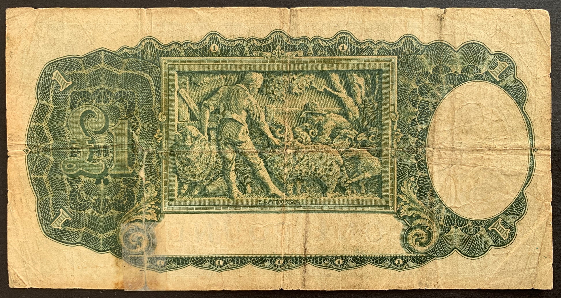 BACK OF Australia 1 Pound ND (1941-1948) P-26b VG VINTAGE BANKNOTE with pastoral scene