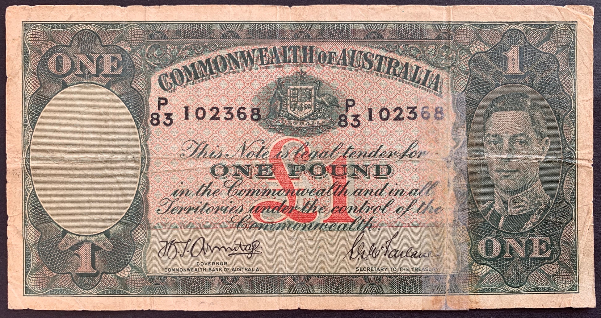 front of Australia 1 Pound ND (1941-1948) P-26b VG ollectible banknote with fortrait of King George VI