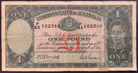 front of Australia 1 Pound ND (1941-1948) P-26b VG ollectible banknote with fortrait of King George VI