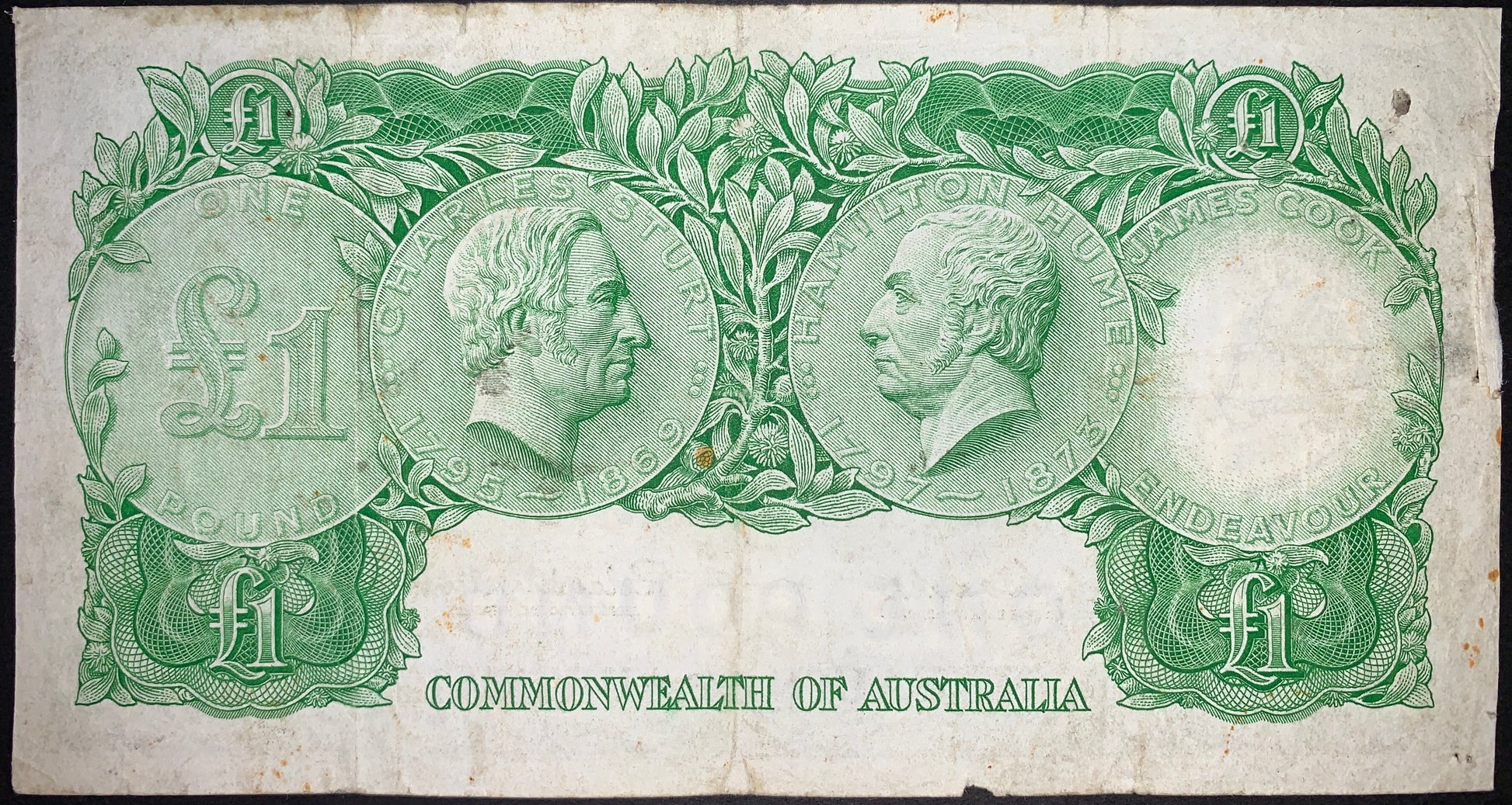 back of Australia 1 Pound ND (1953-1960) P-30 VG collectible vintage banknote with portraits of Charles Sturt and Hamilton Hume