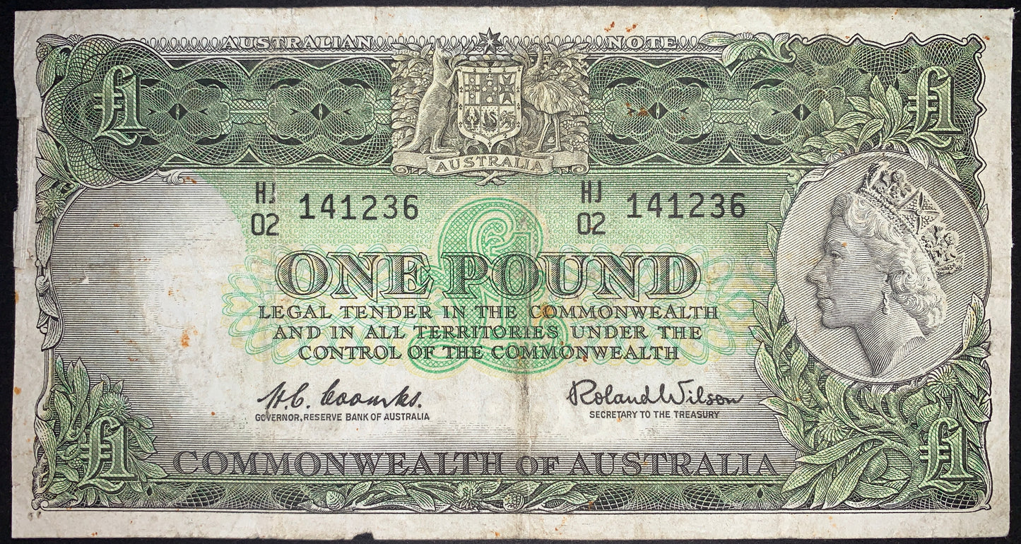 front of Australia 1 Pound ND (1953-1960) P-30 VG collectible vintage banknote with portrait of Queen Elizabeth II