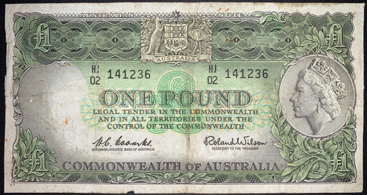 front of Australia 1 Pound ND (1953-1960) P-30 VG collectible vintage banknote with portrait of Queen Elizabeth II