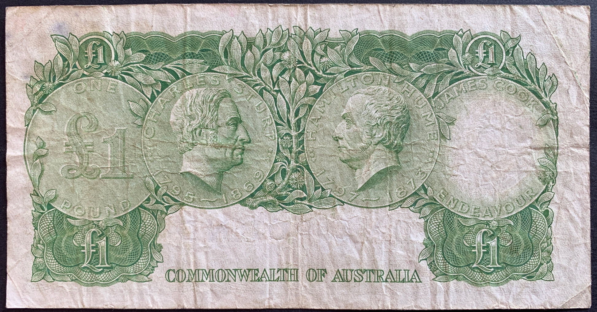 back of Australia 1 Pound ND (1961-65) P-34a F collectible vintage banknote with portraits of Charles Sturt and Hamilton Hume