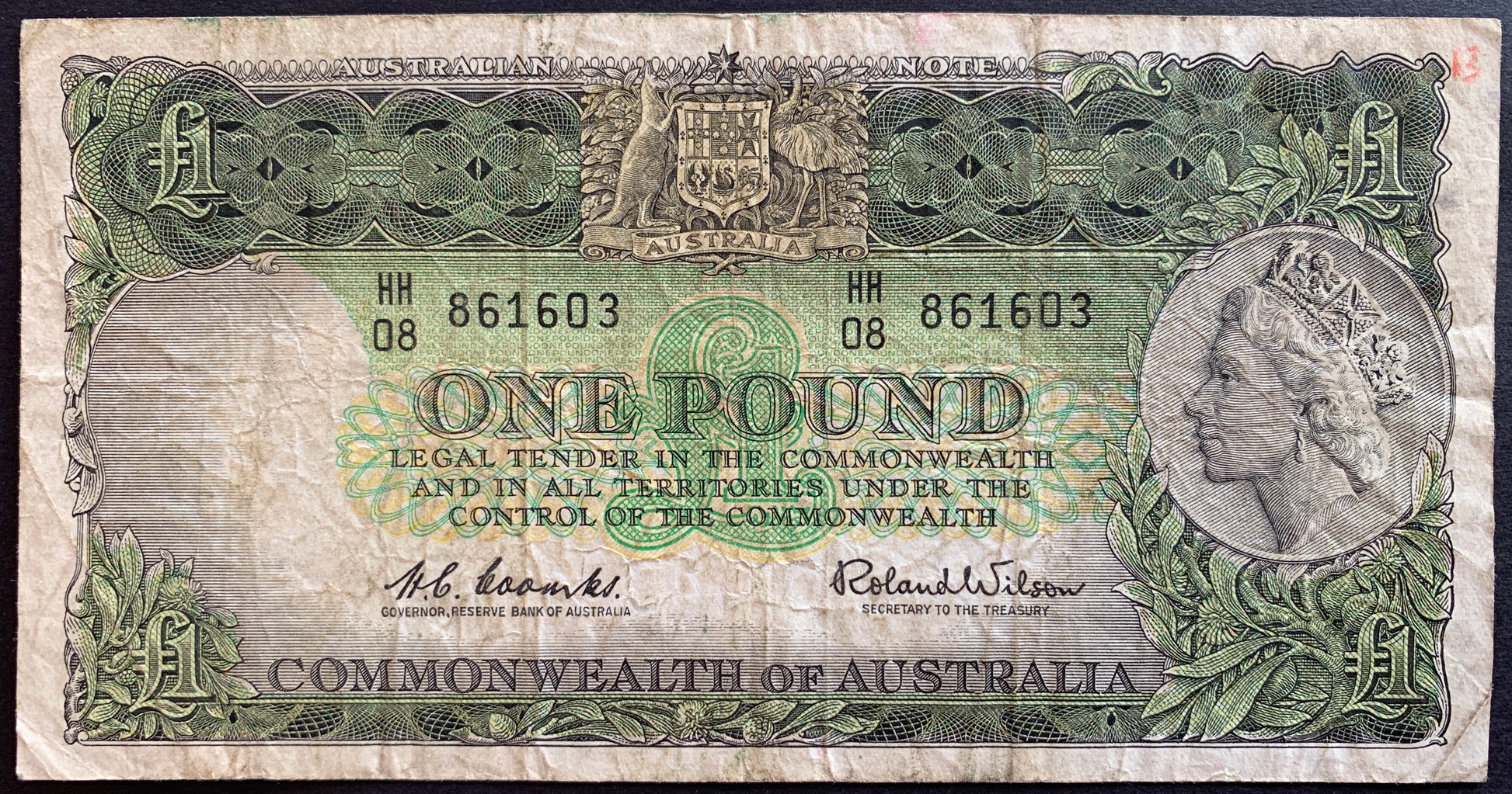 front of Australia 1 Pound ND (1961-65) P-34a F collectible vintage banknote with portrait of Queen Elizabeth II and coat of arms