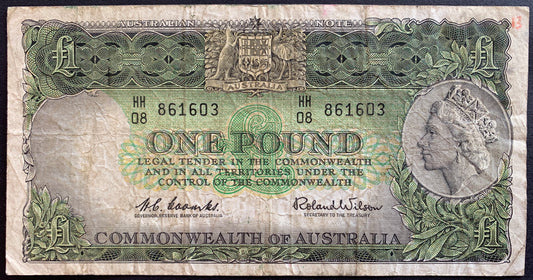 front of Australia 1 Pound ND (1961-65) P-34a F collectible vintage banknote with portrait of Queen Elizabeth II and coat of arms