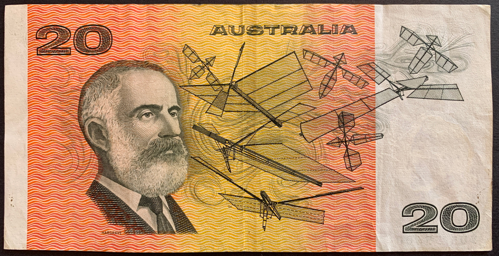 back of Australia 20 Dollars ND (1984-1989) P-46e VF vintage collectible banknote with portrait of Lawrence Hargrave