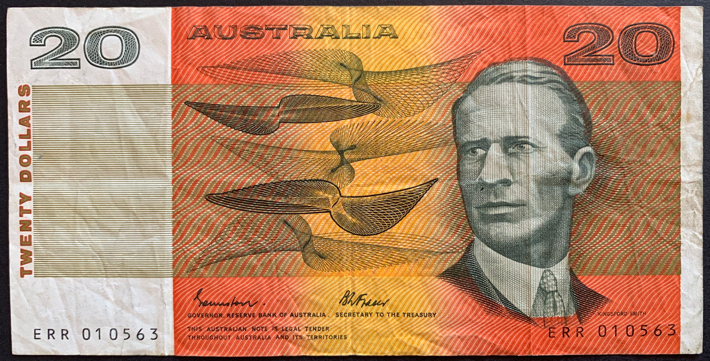Front of Australia 20 Dollars ND (1984-1989) P-46e VF collectible banknote with portrait of Sir Charles Kingsford Smith