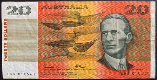 Front of Australia 20 Dollars ND (1984-1989) P-46e VF collectible banknote with portrait of Sir Charles Kingsford Smith