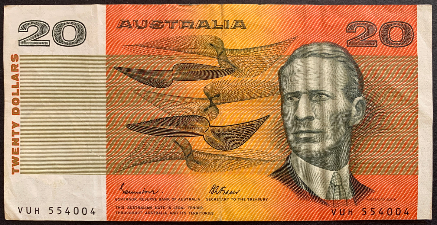 Front of Australia 20 Dollars ND (1984-1989) P-46e VF vintage collectible banknote with portrait of Sir Charles Kingsford-Smith