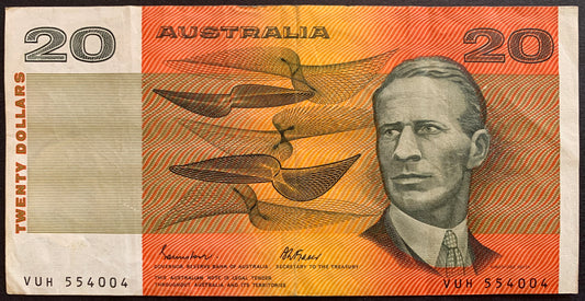 Front of Australia 20 Dollars ND (1984-1989) P-46e VF vintage collectible banknote with portrait of Sir Charles Kingsford-Smith