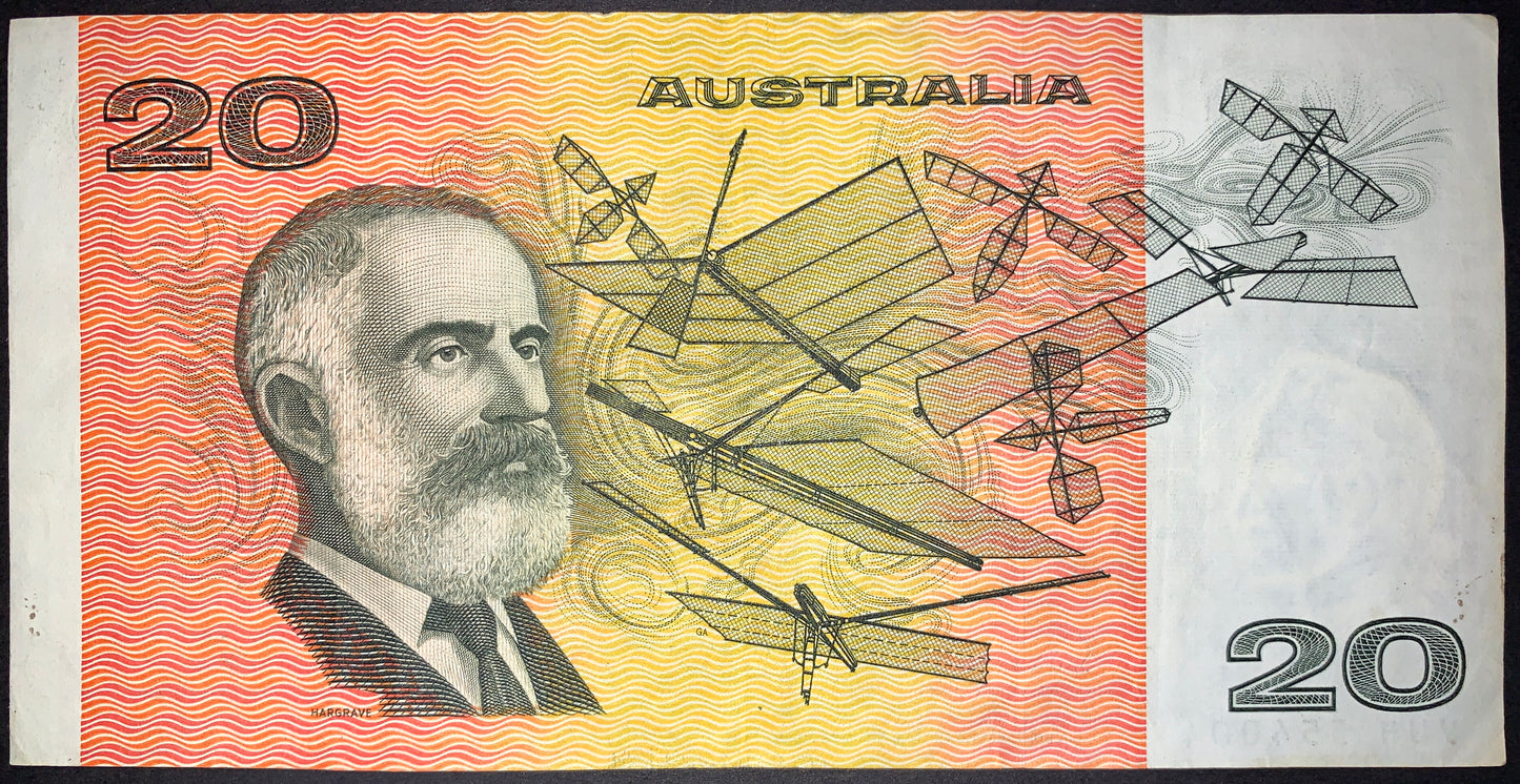 Australia 20 Dollar Banknote reverse featuring Lawrence Hargrave, early aircraft illustrations and aviation innovation theme