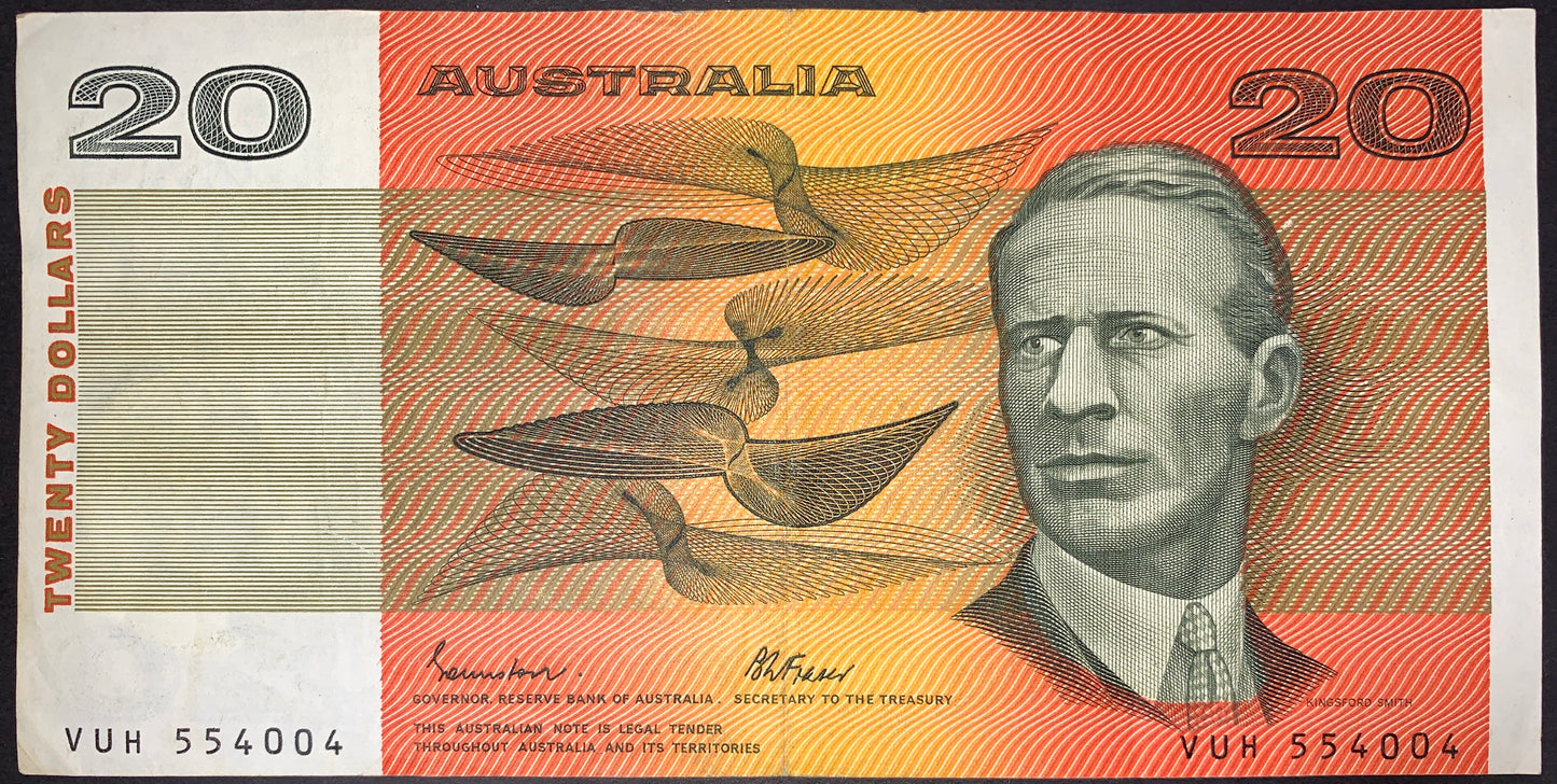 Australia 20 Dollar Banknote featuring Sir Charles Kingsford Smith and aviation-themed design, vintage Australian paper currency