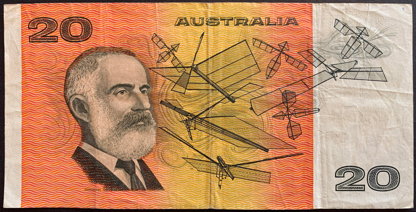 Back of Australia 20 Dollars ND (1989-1990) P-46g VF collectible banknote with portrait of Lawrence Hargrave