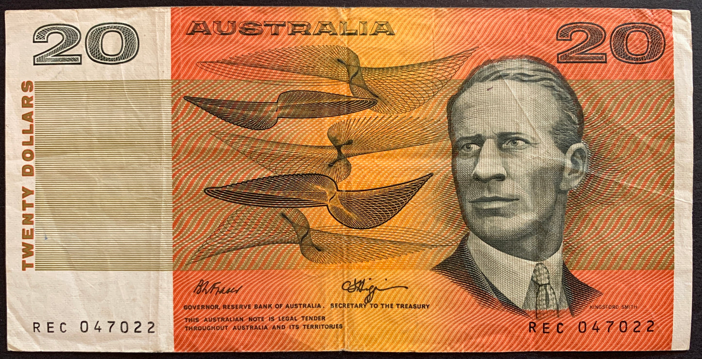 Front of Australia 20 Dollars ND (1989-1990) P-46g VF collectible banknote with portrait of Sir Charles Kingsford-Smith