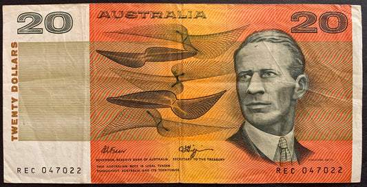 Front of Australia 20 Dollars ND (1989-1990) P-46g VF collectible banknote with portrait of Sir Charles Kingsford-Smith